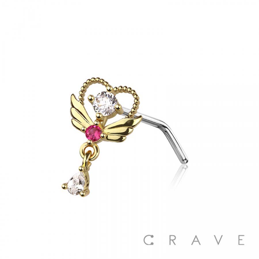 CRAVE - Wholesale Nose Ring - WINGED HEART RED CZ 316L SURGICAL STEEL L-SHAPE NOSE STUD0