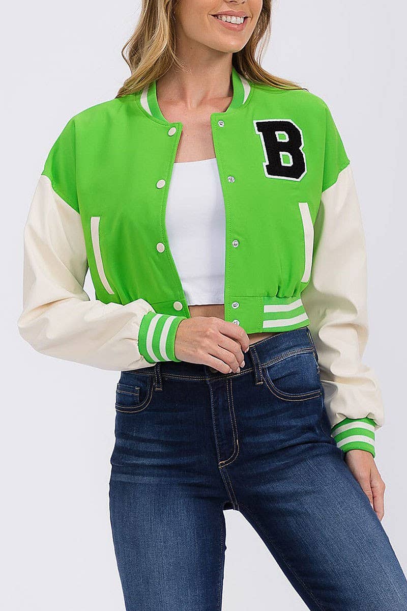 ROUSSEAU - Wholesale Varsity/Baseball Jacket - Women's - PLEATHER SLEEVE BUTTON CLOSURE VARSITY JACKET0