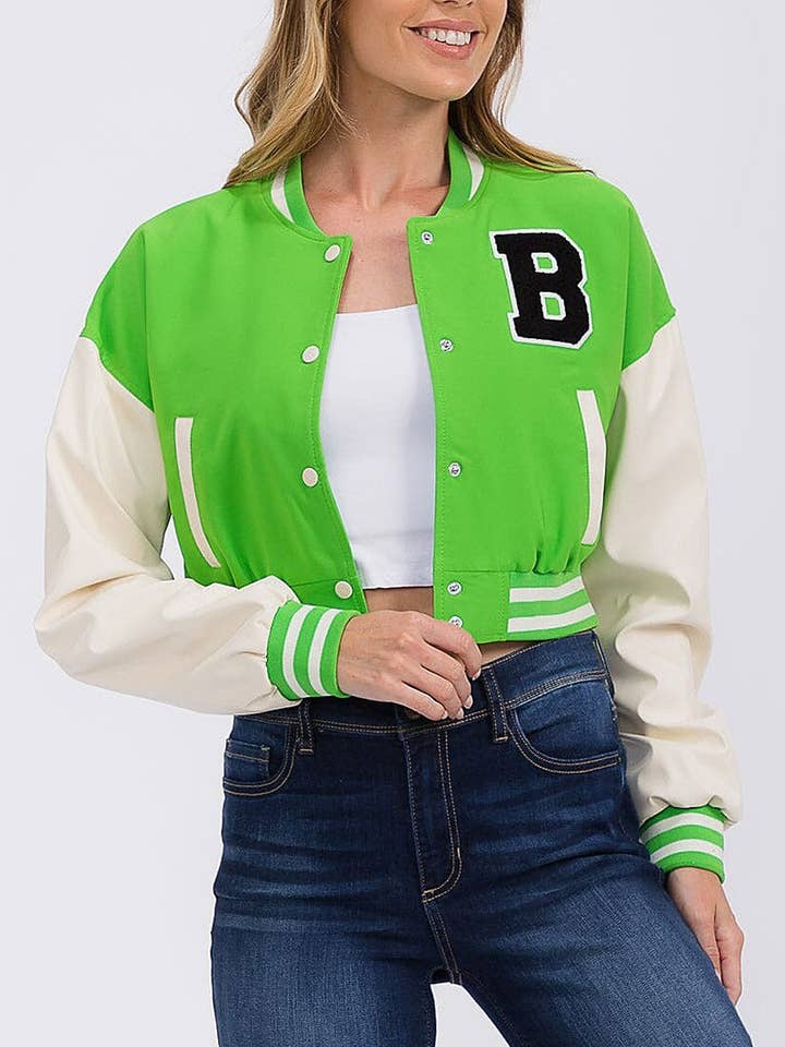 ROUSSEAU - Wholesale Varsity/Baseball Jacket - Women's - PLEATHER SLEEVE BUTTON CLOSURE VARSITY JACKET0