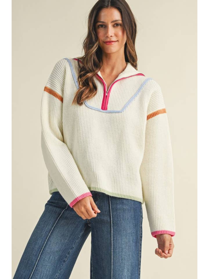 Vanilla Monkey - Wholesale Knit Sweater - Women's - Multi Color Binding Half Zip-up Sweater Top1