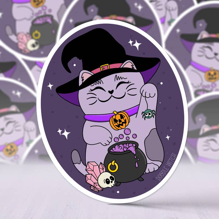 Witchy Cat Sticker, Halloween Cat Sticker, Cat Lover Sticker for wholesale by DoodleWitch
