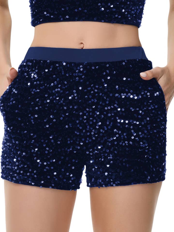 High-Waisted Sequin Shorts with Elastic Waistband and Side P for wholesale by Anna Kaci Wholesale