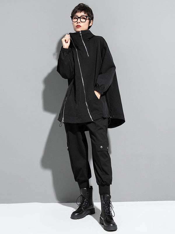 BLACK Fashion Irregularity Loose Solid Color Zipper Hooded Outerwear for wholesale on Faire13
