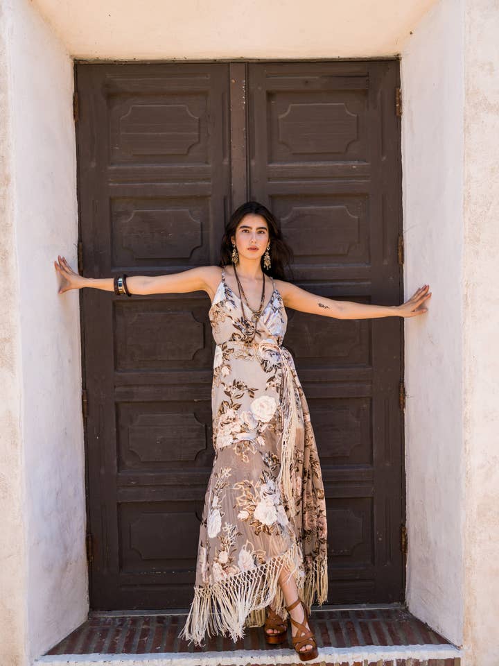 Laurenia Fringe Faux Wrap Dress (Pre-Order) for wholesale by Jennafer Grace