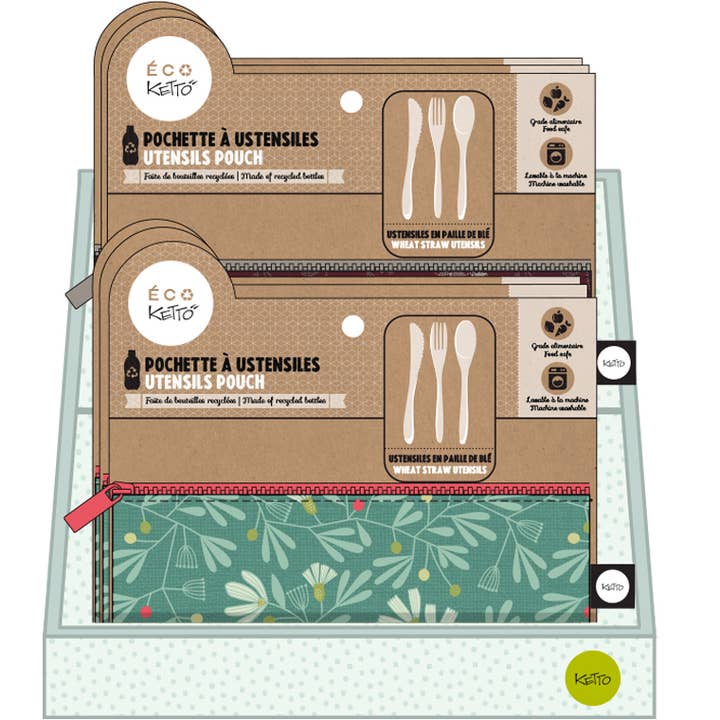 Display of 24 assorted reusable utensils with pouch for wholesale by Ketto