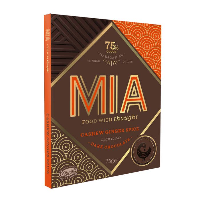 CASHEW INGEFÄRA KRYDDA MÖRK CHOKLAD - VEGAN, FAIRTRADE (75G) för wholesale av MIA