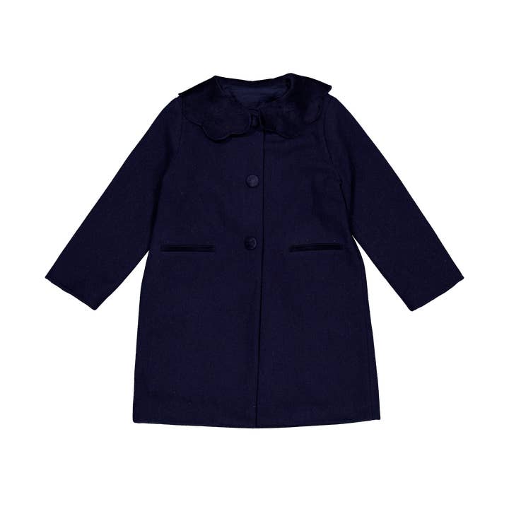 Maryse, Girl Coat, In Navy Wool With Navy Velvet Trims for wholesale by Kidiwi handmade