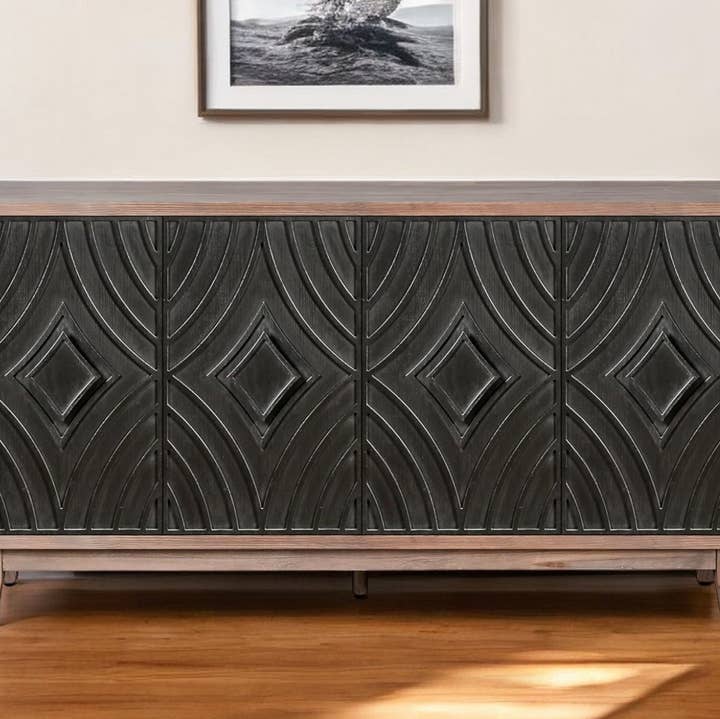 60"Brown and Charcoal Distressed Wood Sideboard with 4 Doors for wholesale by HomeRoots