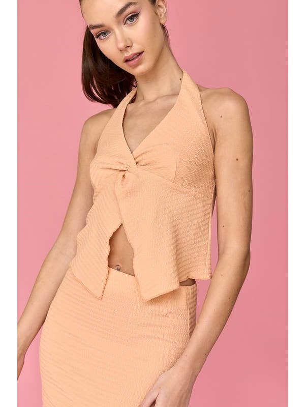 Peach PT17943 - Zoe Textured Knit Halter Top And Midi Skirt Set for wholesale on Faire