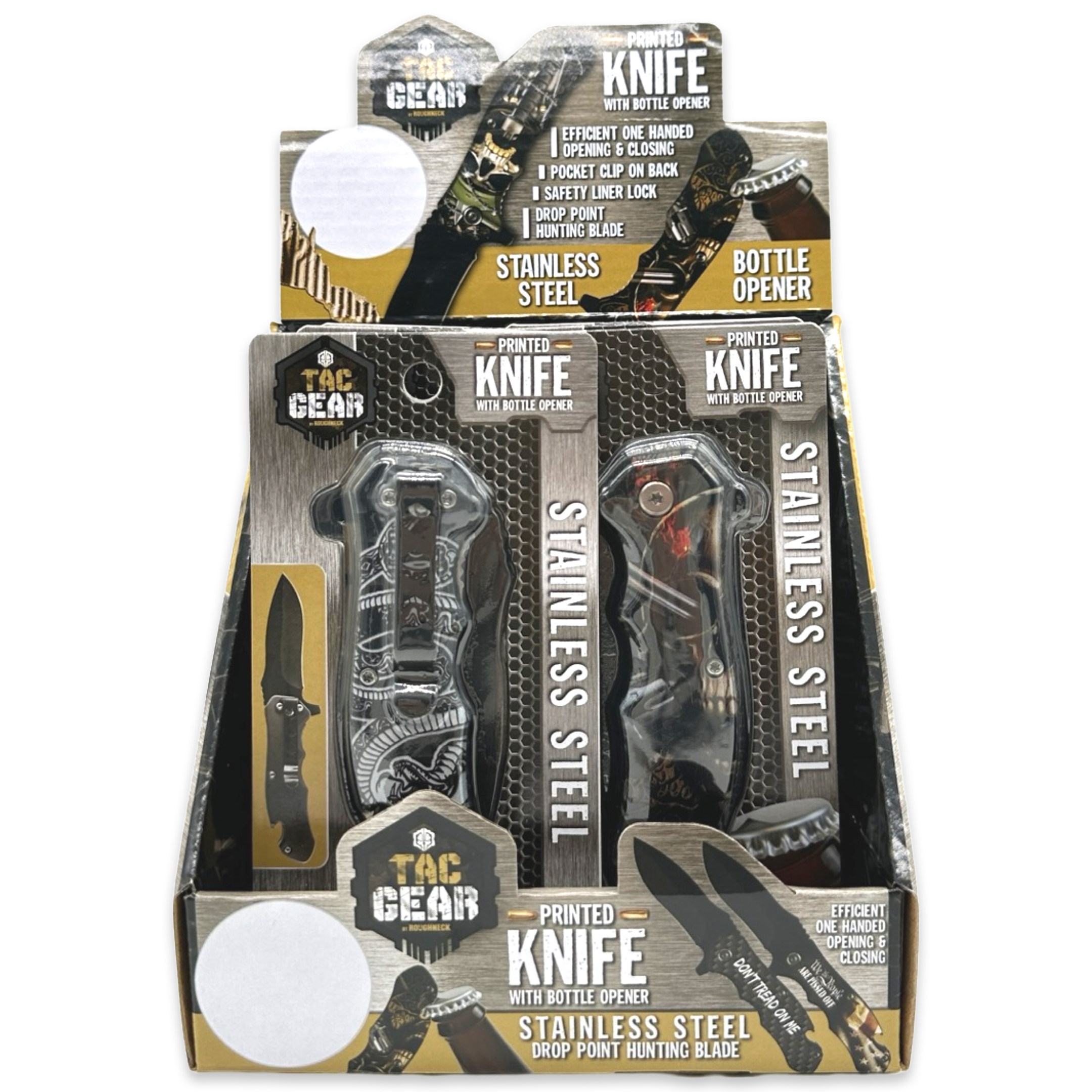 Novelty Brands - Wholesale Pocket Knife/Holder - Tac Gear Bottle Opener Printed Knife Assortment - 6/Display4