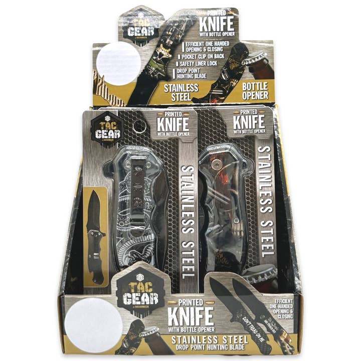 Novelty Brands - Wholesale Pocket Knife/Holder - Tac Gear Bottle Opener Printed Knife Assortment - 6/Display4