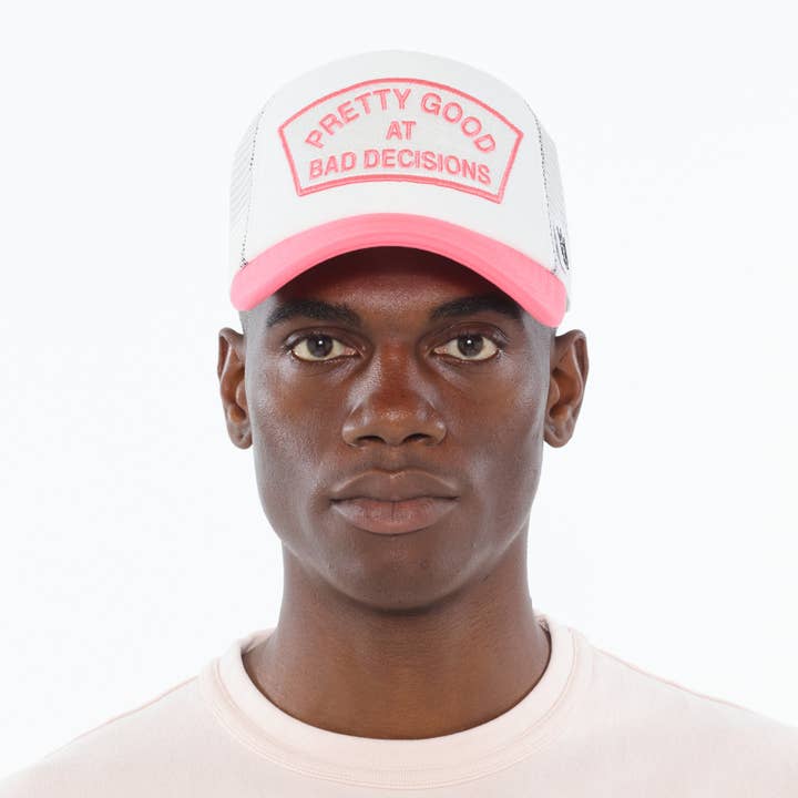 "Good At Bad Decisions" Mesh Back Trucker Hat in White for wholesale on Faire