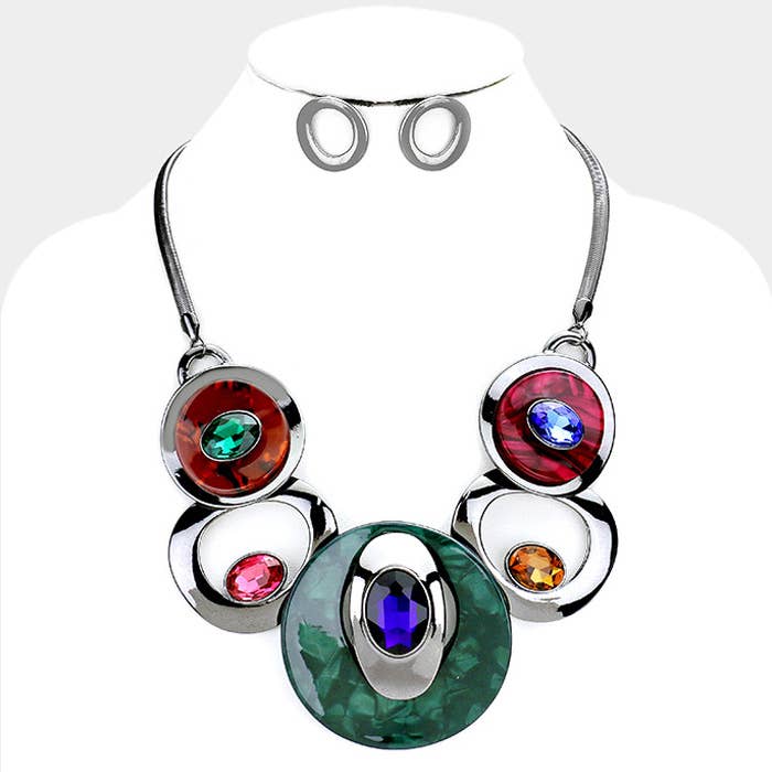 Collana elegante in acetato di celluloide, pietra di vetro e metallo per la vendita all'ingrosso da parte di Sensibling Corp.