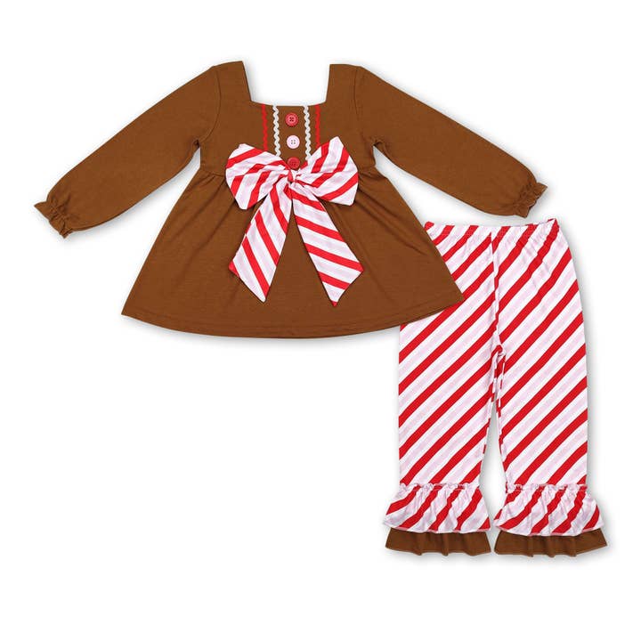 Yawoo Garments - Wholesale Dress - Kids - Long sleeves bow ruffle gingerbread girls Christmas dress