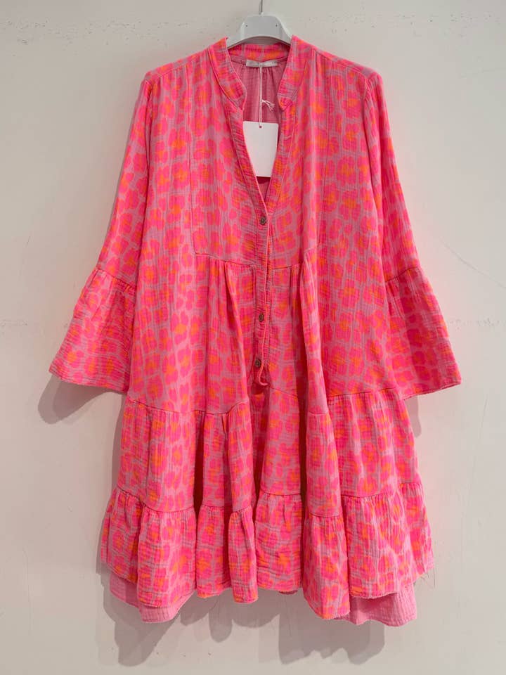 NOELINE - Wholesale Jurk - Dames - Korte jurk van katoenen gaas 9802-GROTE LEOPARD