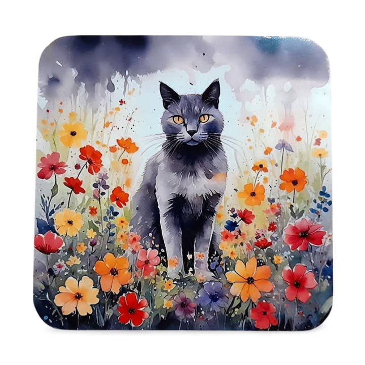 Grey Cat Drink Coaster, Water Colour Style for wholesale by Rockways Designs