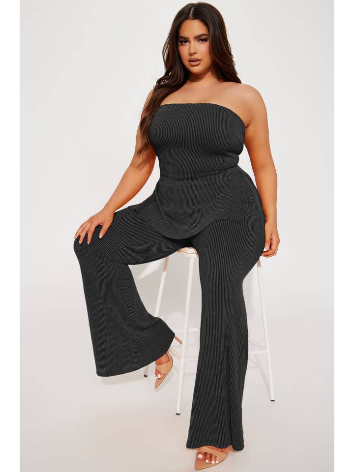 5besties inc - Vente Ensemble haut et pantalon (PAS d'intérieur) - Femme - Ensemble haut tubulaire et pantalon évasé en tricot côtelé2