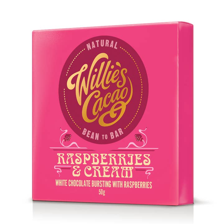 Raspberries & Cream. White Chocolate with Raspberries bar for wholesale by Willie's Cacao USA