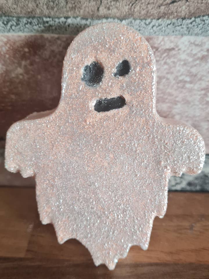 Ghost Bath Bomb - Halloween Hand painted with embeds inside for wholesale by Enchanting Bath Bombs