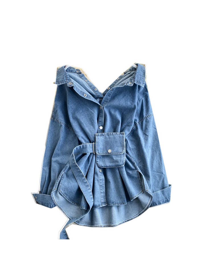 pinkblu02 - Vendita all'ingrosso Camicia button down - Donna - Camicia di Jeans a Maniche Lunghe con Schiena Aperta e Fiocco Multiuso3