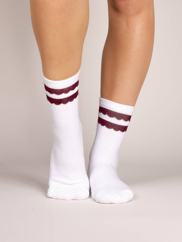 Double Pom - Wholesale Socks - Unisex - White Athletic Crew Sock w/ Double Maroon Scallops