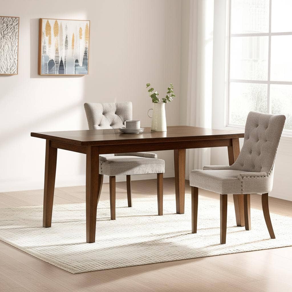 HomeRoots – wholesale Chair – Set of Two Tufted Beige and Oak Upholstered Fabric And Solid Wood Dining Side Chairs1