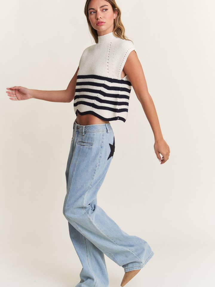 In The Beginning - Vente Pull en maille – femme - Pull sans manches à col roulé bleu marine/ivoire1