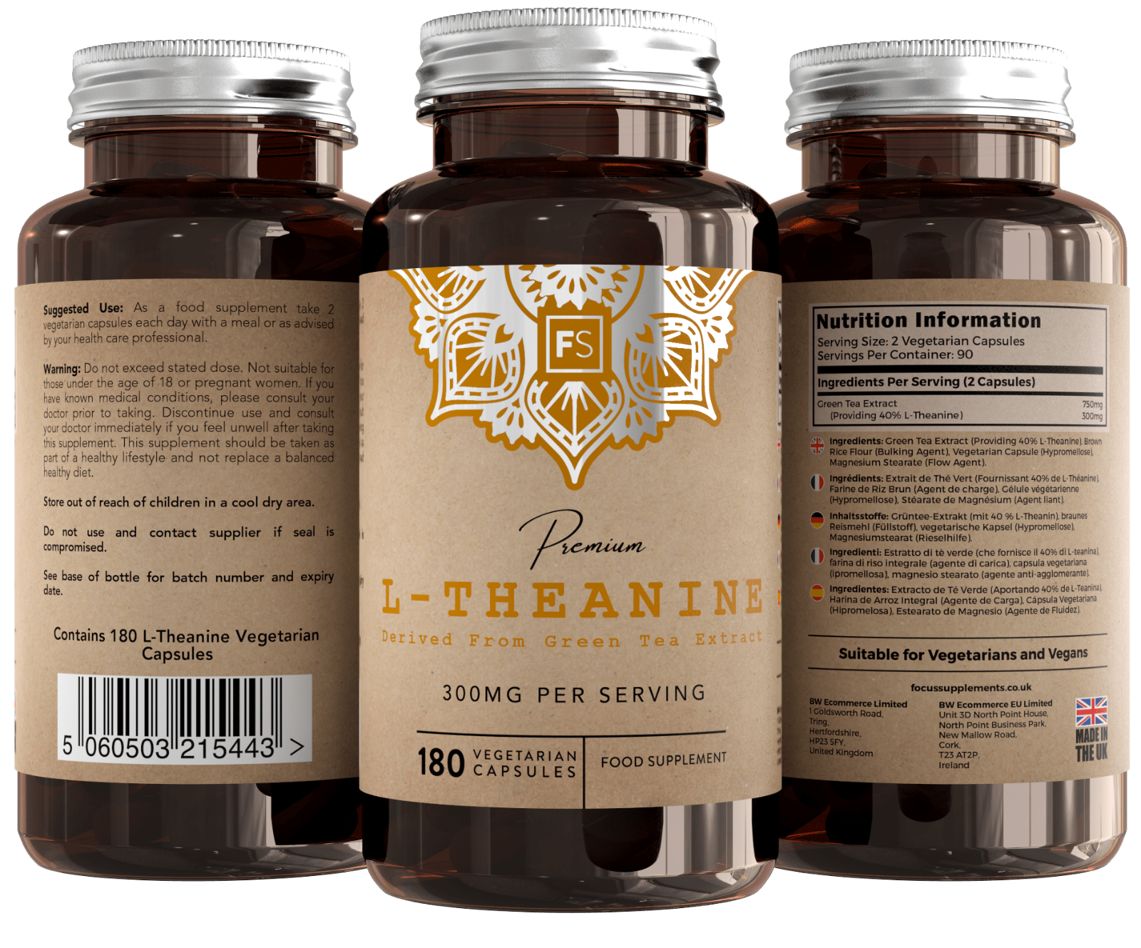 Focus Supplements - Venta al por mayor Suplementos/vitaminas para beber - L-teanina de extracto de té verde (300 mg) 180 cápsulas1