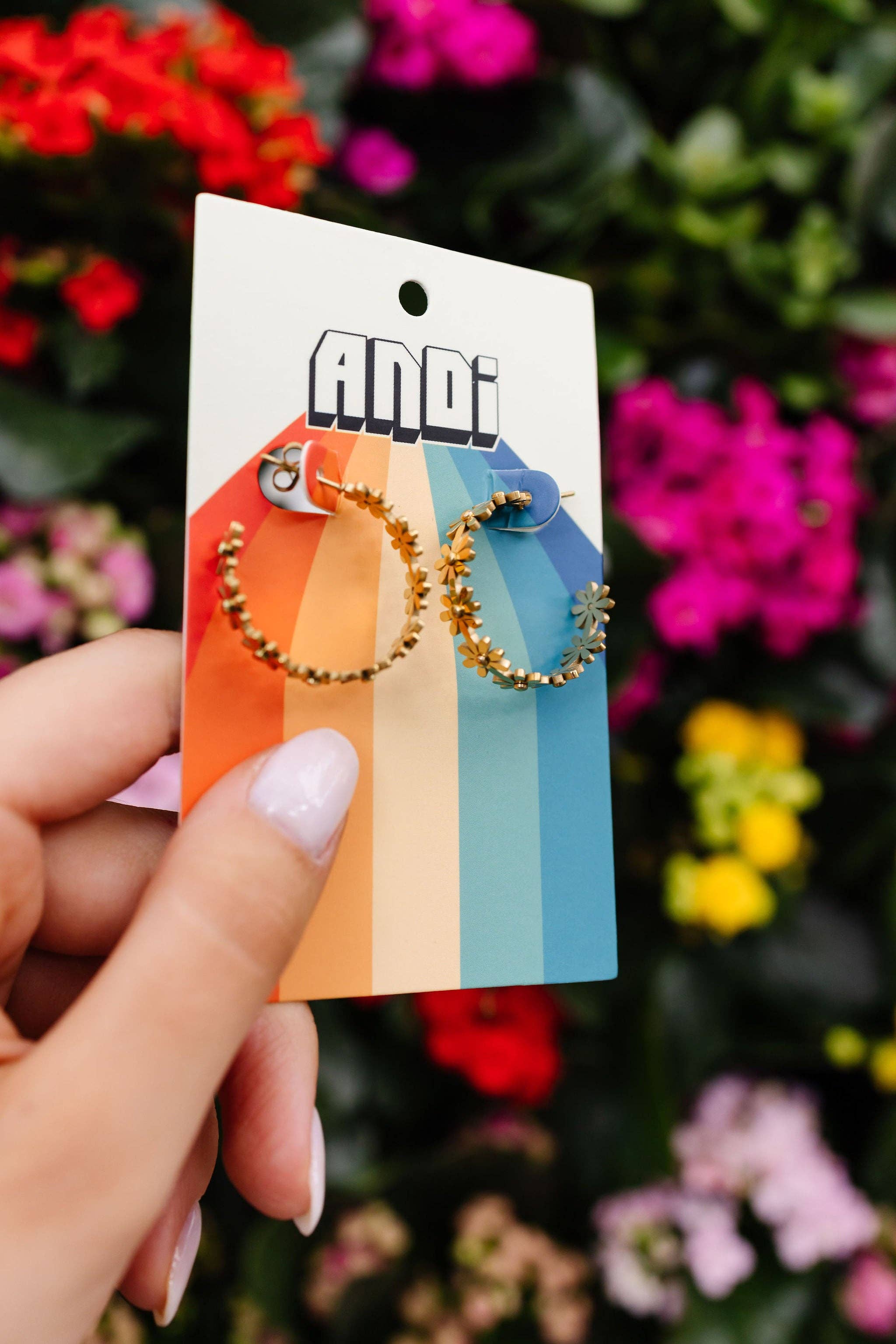 Shop Andi - Wholesale Hoop Earrings - Gold Daisy Hoops - Hypoallergenic3