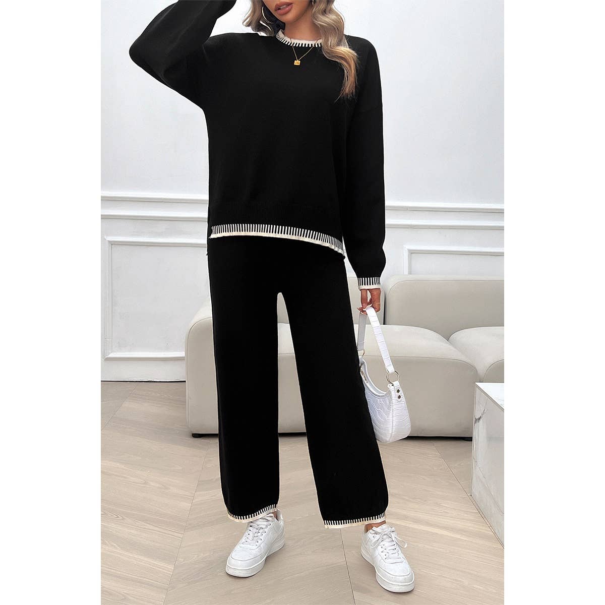 Supreme Fashion - Wholesale Lounge Set - Women's - Colock Block Round Neck Drop Shoulder Loose Set13