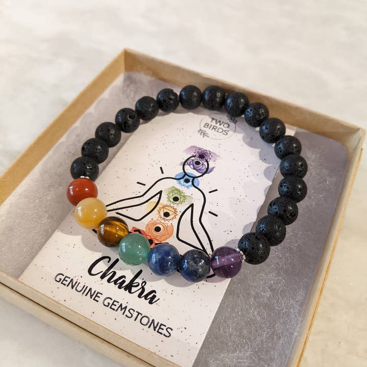 Two Birds Eco Shop - Wholesale Aromatherapy bracelet - Chakra Gemstone Bracelet with Lava Rock Diffuser Beads2