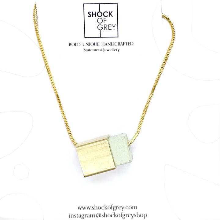 Box Cube Necklace In Sage & Brass for wholesale by Shock of Grey