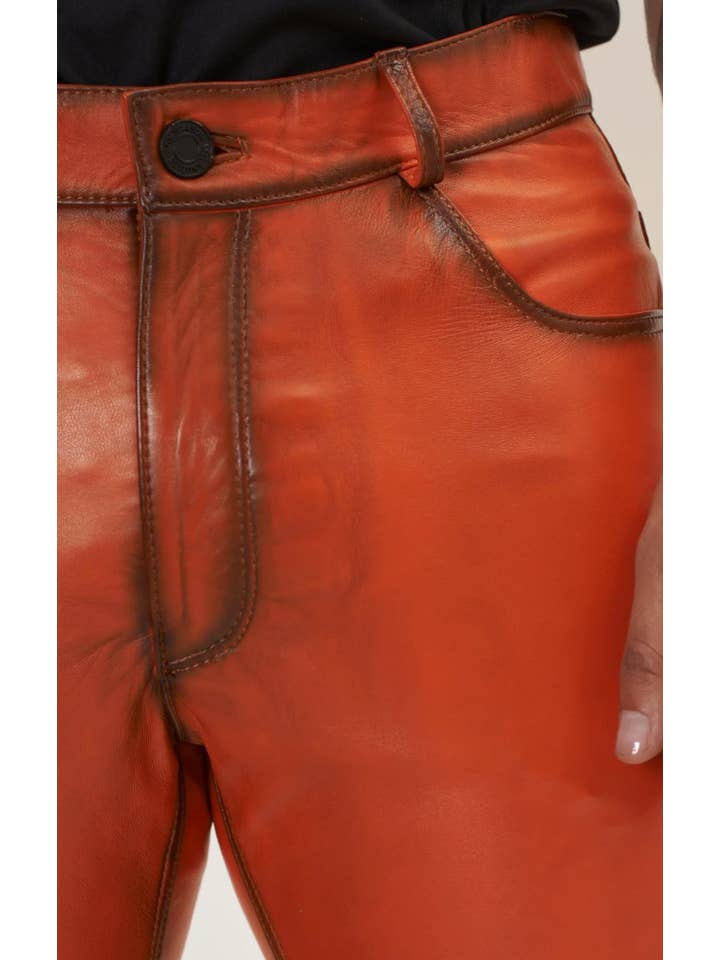 TEINTE ORANGE Pantalon en cuir d'agneau véritable pour hommes - Teinte orange en vente sur Faire1