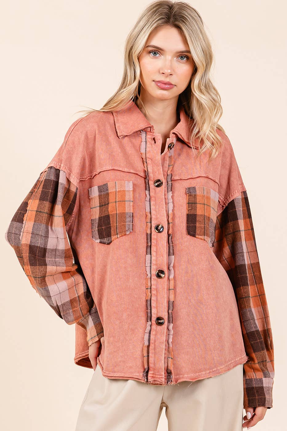 mittoshop - Wholesale Shirt Jacket/Shacket - Women's - MINERAL WASH CONTRAST PLAID PATCHWORK SHACKET5