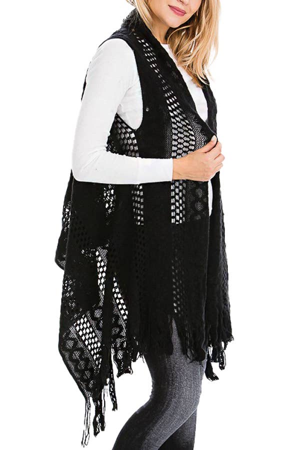 Cap Zone - Vendita all'ingrosso Gilè imbottito - Donna - Gilet lungo cardigan lavorato a maglia con frange lavorate all'uncinetto11