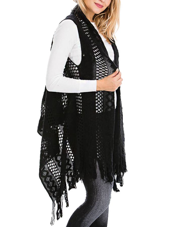 Cap Zone – Colete - Mulher por atacado – Cabo Crochet malha franja guarnição Cardigan Long Vest5