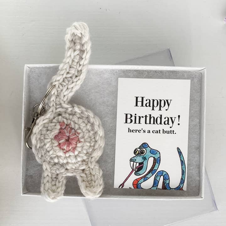 White Cat Butt Keychain Birthday Gift with Snake Card for wholesale by Knot By Gran'ma
