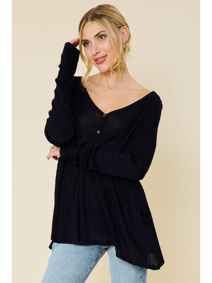 FSL Apparel - Vente Tunique – femme - ST6047 - HAUT PÉPLUM À MANCHES LONGUES ET COL HENLEY EN JERSEY GAUFRÉ19