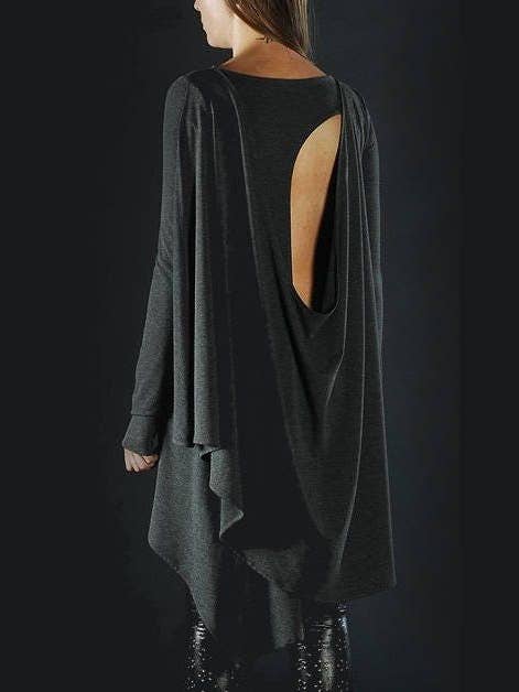 Tunique femme grande taille boho asymétrique noire à manches longues pour la vente par RALELE EOOD