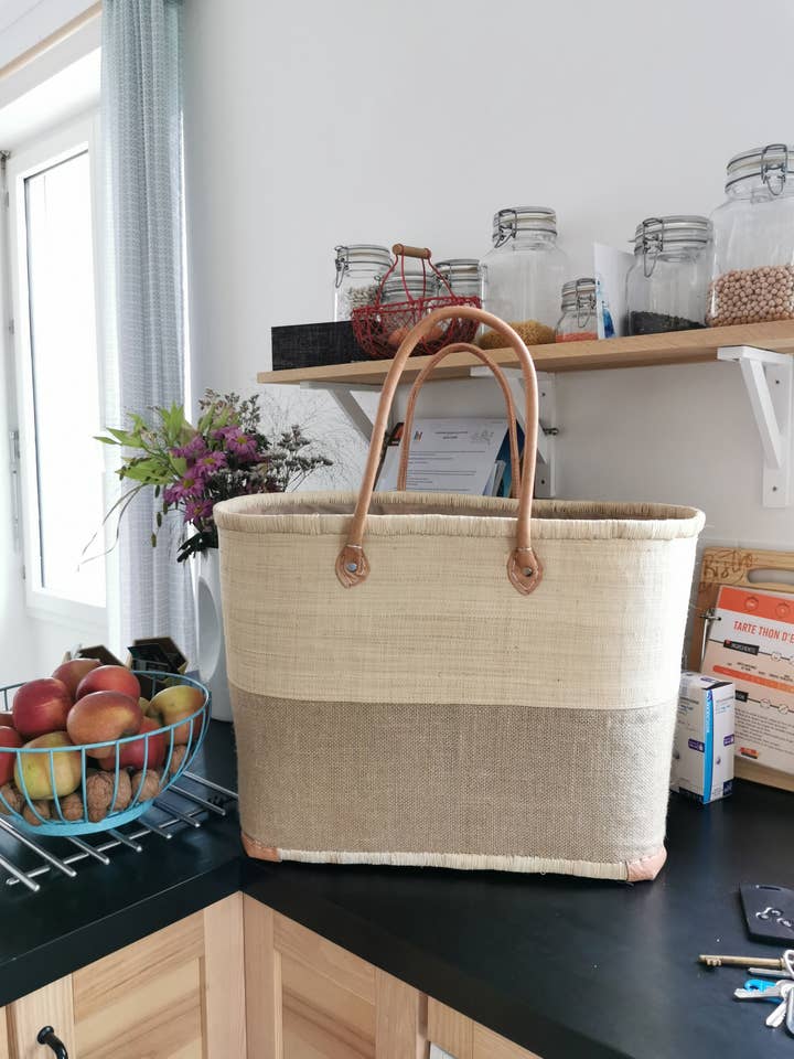 Cesta grande de arpillera y paja natural para venta al por mayor de Nature et Fibre