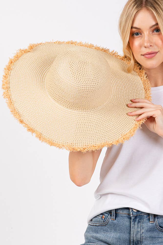 Hana - Vendita all'ingrosso Cappello di paglia - Donna - Cappello Estivo di Paglia a Tesa Larga Bicolore con Bordo Sfilacciato8