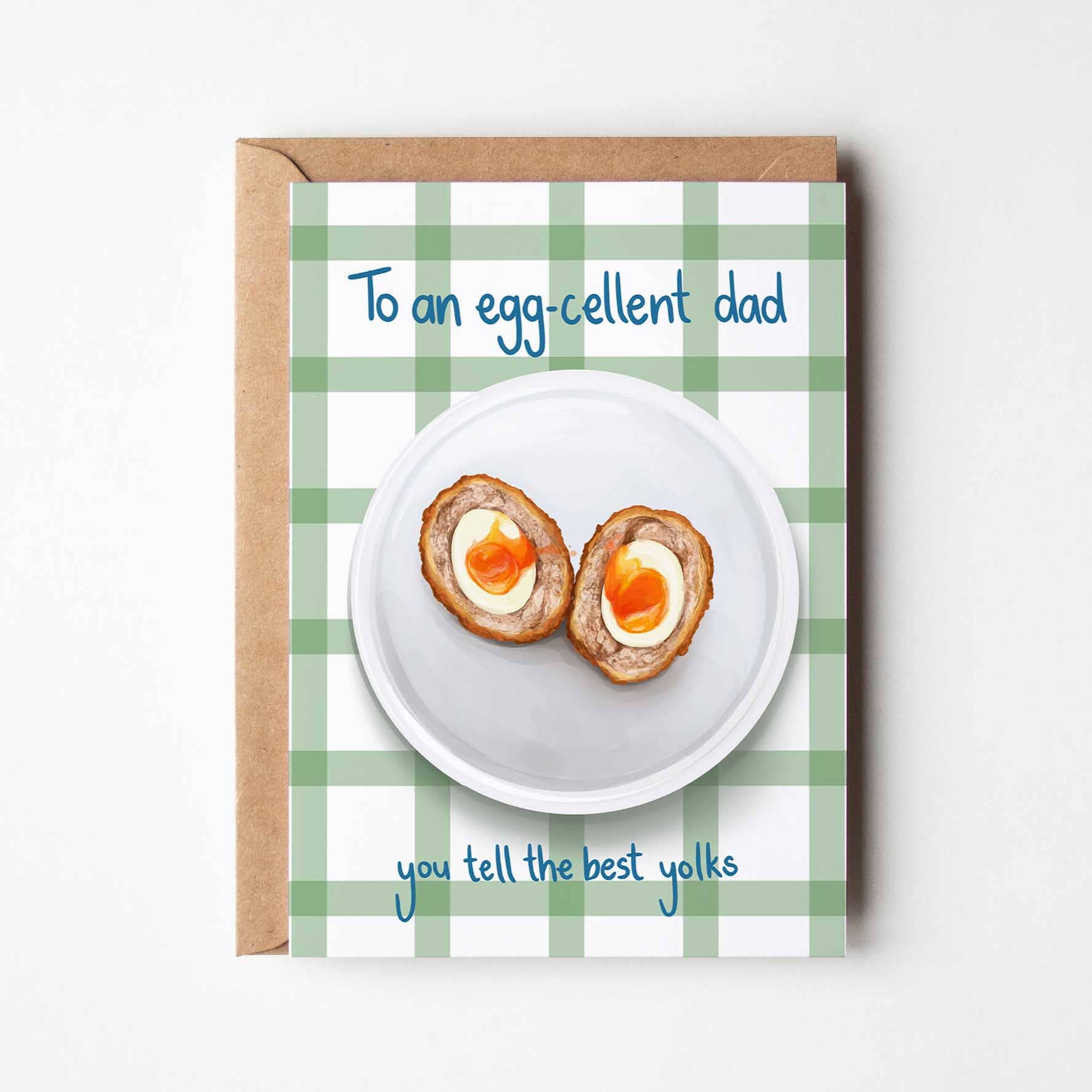 Katie Tinkler illustration – wholesale Father’s Day card – Egg-cellent Dad, Funny Scotch Egg Father's Day greeting card0