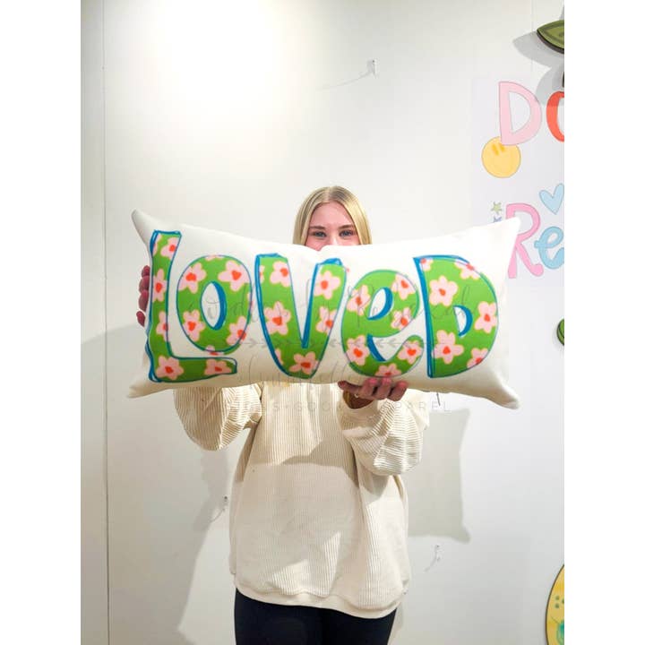 Green Floral Loved Lumbar Pillow for wholesale by Doodles By Rebekah