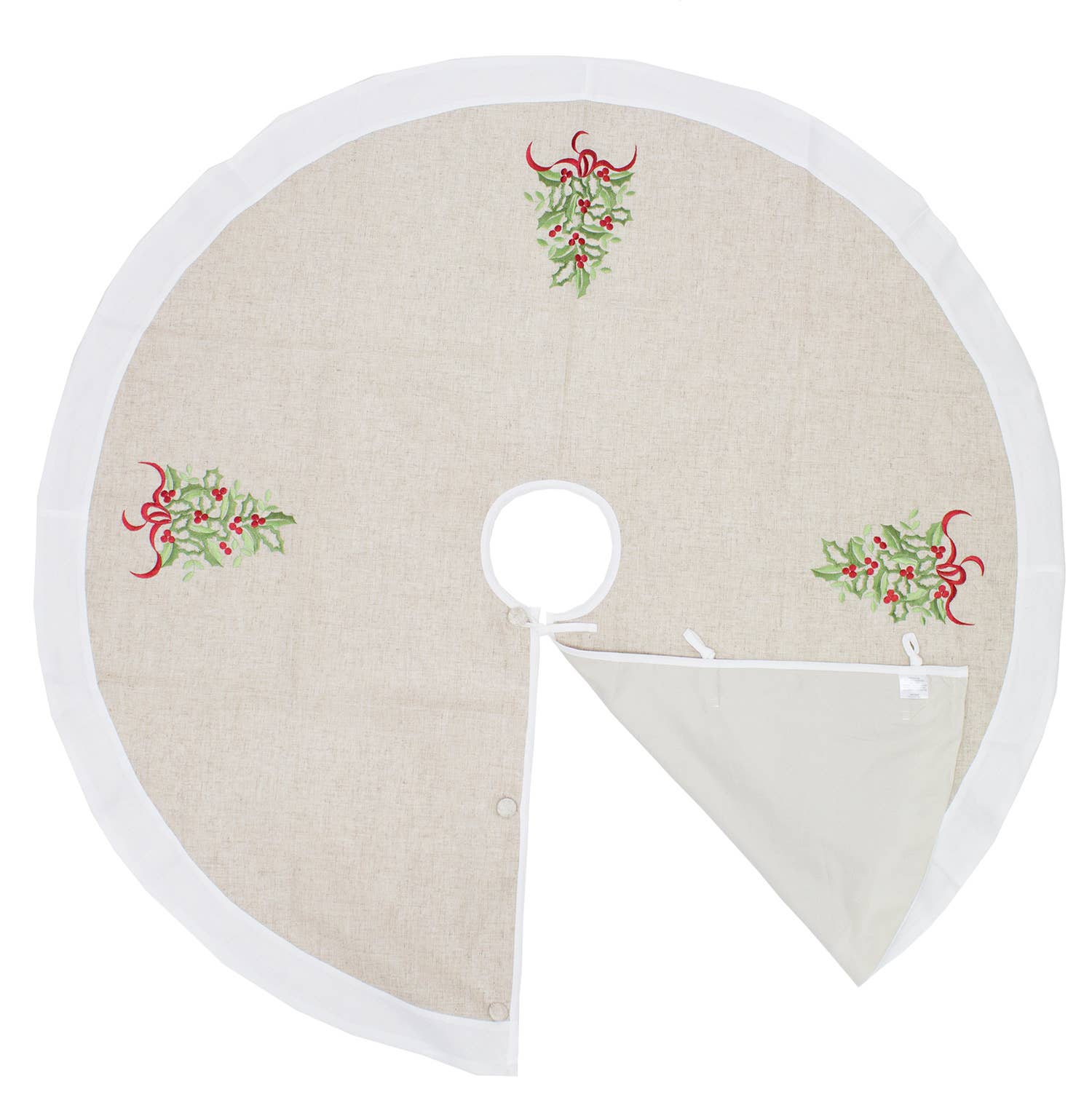 Fennco Styles - Wholesale Tree Skirt - White & Natural Embroidered Holly 53" Christmas Tree Skirt2