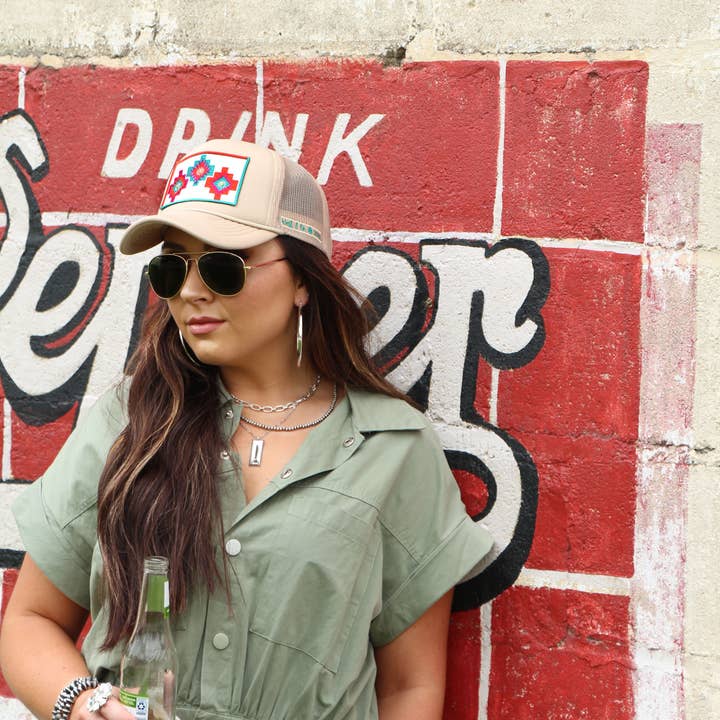 West & Co. - Wholesale Trucker Hat - Women's - Khaki Trucker Cap with 3 Aztec symbol Embroidered Patch4