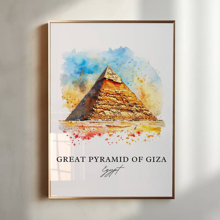 Väggkonst med Cheopspyramiden, Tryck av pyramiderna i Giza, Giza akvarell, Present med Egyptens pyramider, för wholesale av Premium Travel Art