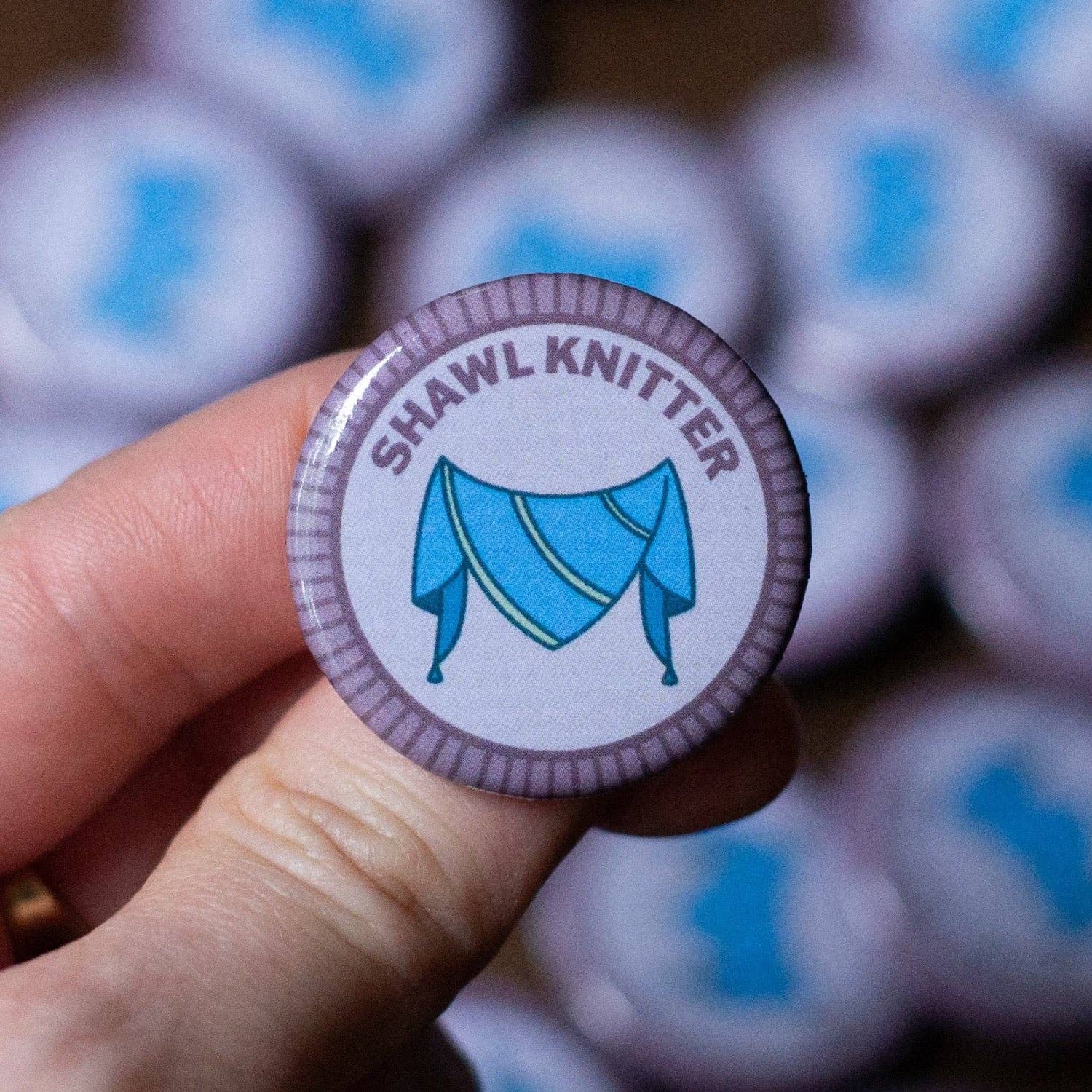 Camp Stitchwood - Wholesale Lapel Pin/Button - Shawl Knitter Merit Badge1