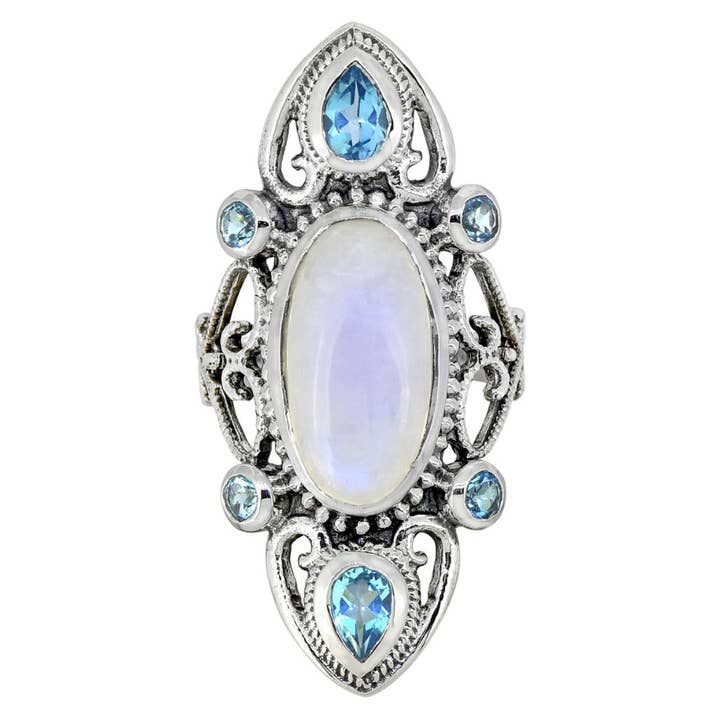 Grande bague en argent sterling Divinity Rainbow Moonstone/topaze bleue pour la vente par Saraswati Imports