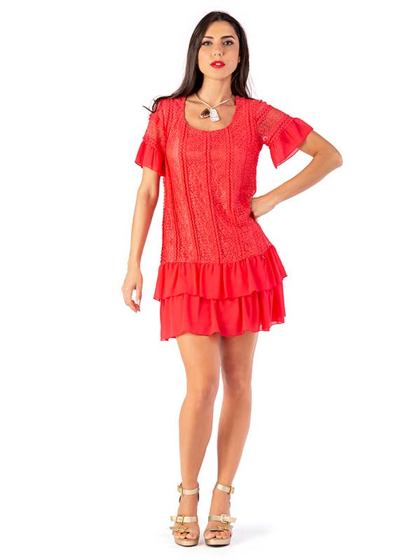 Vestido em renda com barras e folhos em chiffon por atacado de ZUMBI Fashion Store