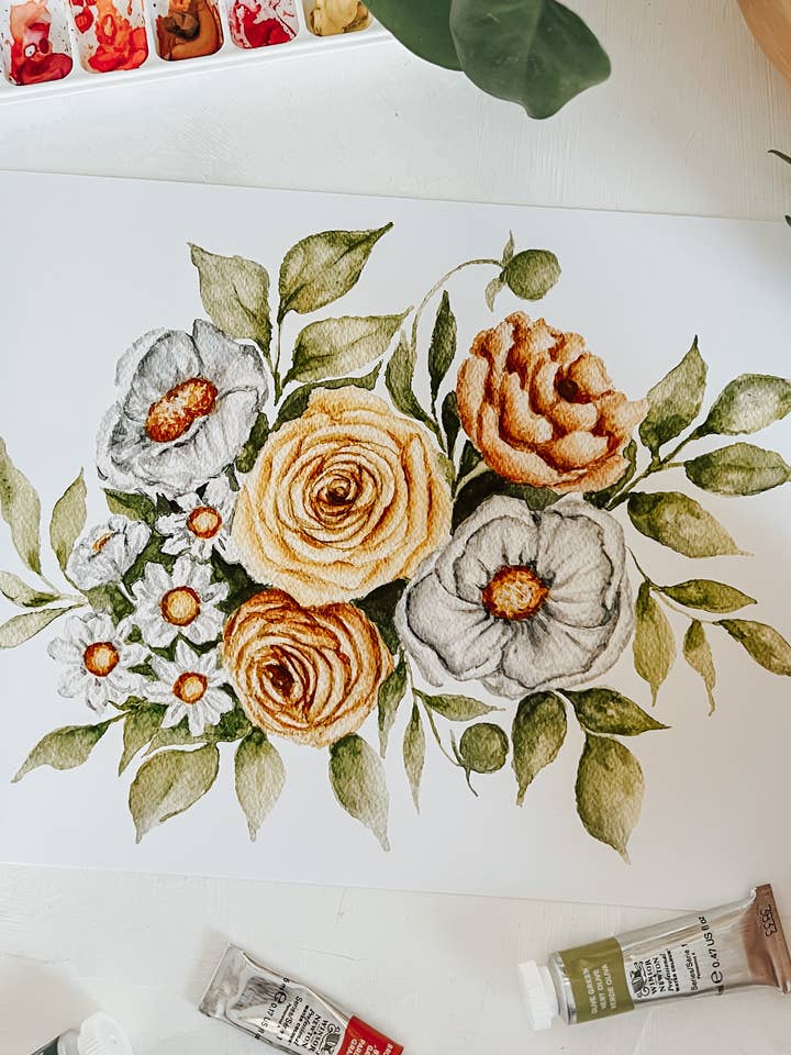 Yellow and White Floral Bouquet Art Print for wholesale by MacaelaMade